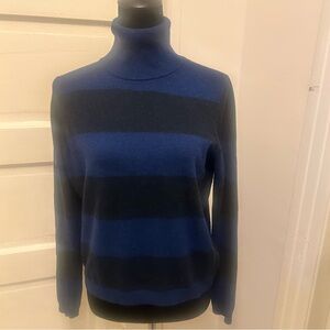 THEORY Striped Blue Turtleneck Wool Cashmere Sweater Goth Wednesday Addams Cosy